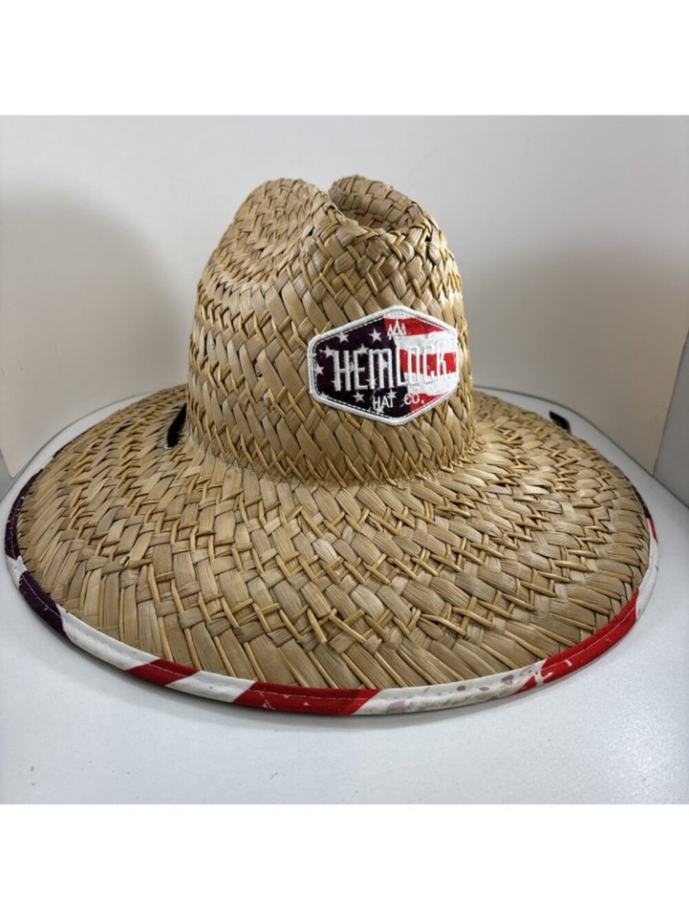 Hemlock Hat Company Straw Beach Sun Hat One Size Chin Strap American Flag Print - Picture 2 of 5